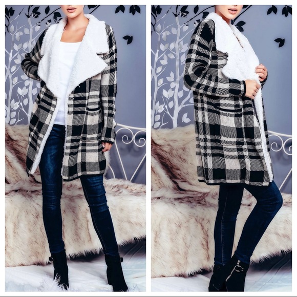 Stunning Plaid Fur Lined Cardigan Coat With Wide Collars - Picture 5 of 7